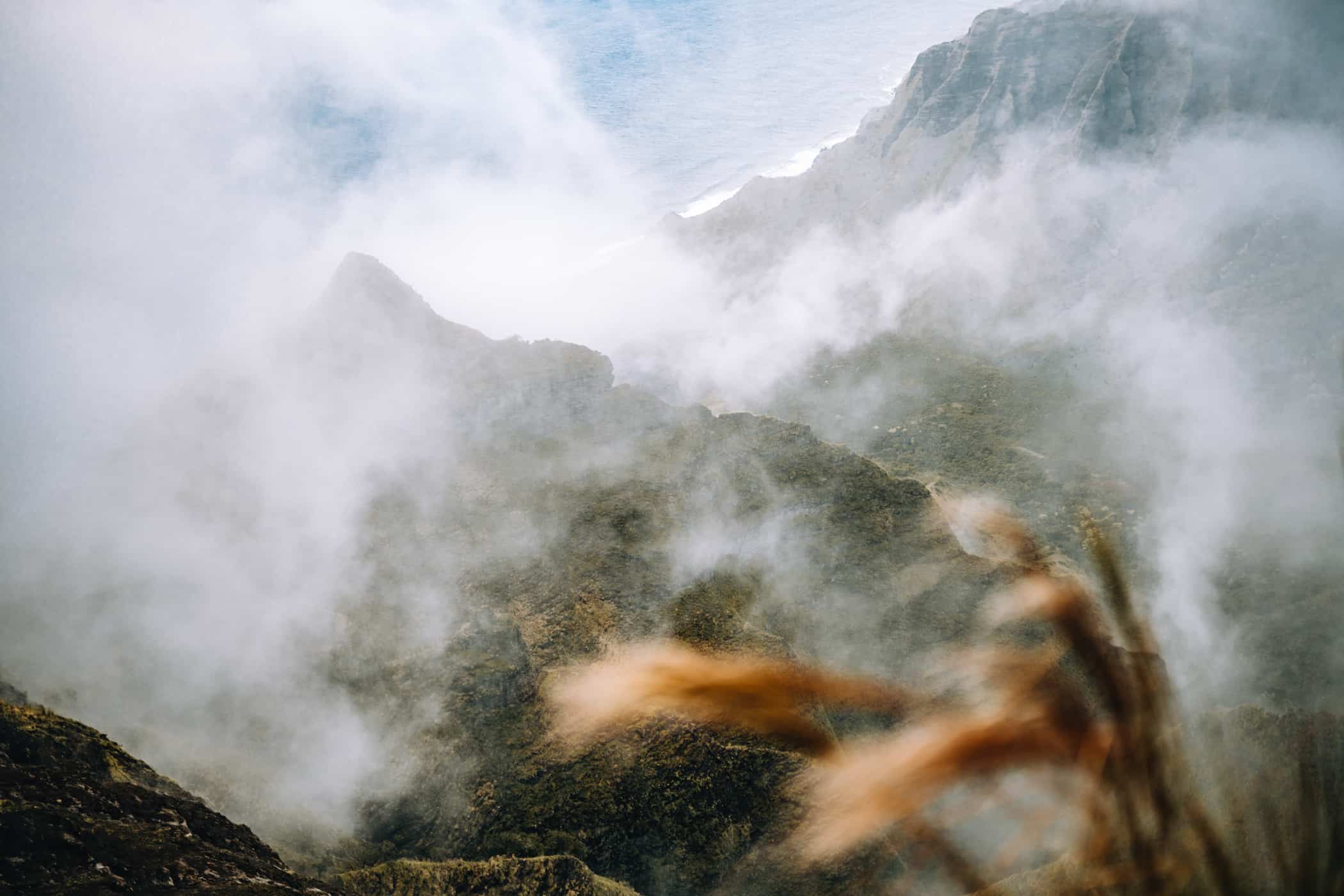 Kauai - Strände, Wandern & Ausflugsziele: Nebel am Kalepa Ridge Trail